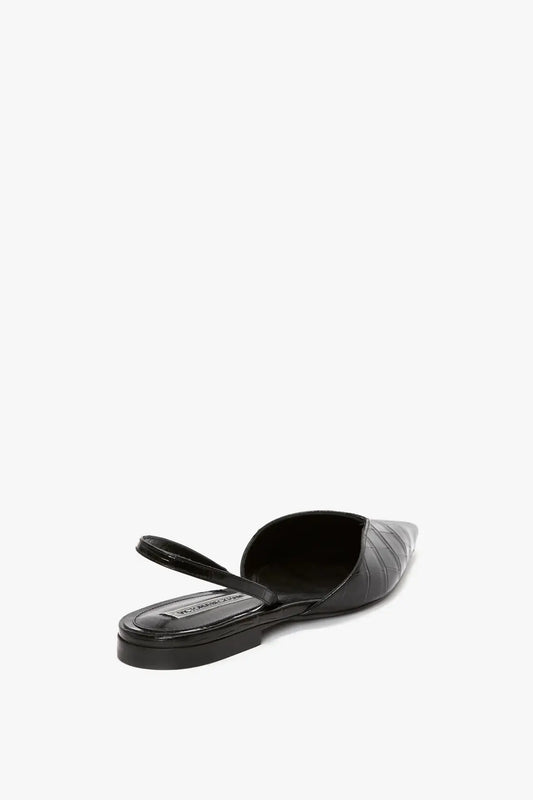 V Cut Sling Back In Black Croc-Effect Leather